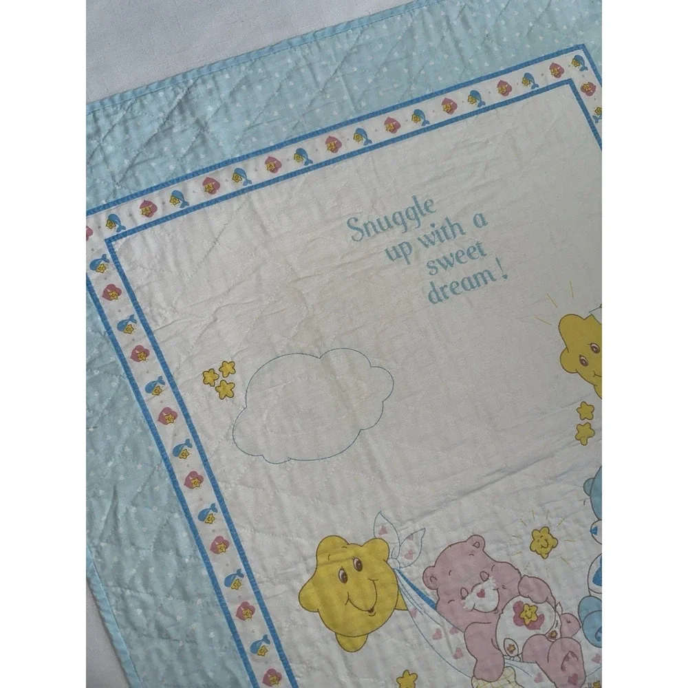 Vtg Care Bears Baby Crib Quilt Handmade 32x43 Nursery Blanket Stars Blue Edge